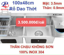 Chậu chén Inox 304 (100x48) - Rỗ + Vát dao + Vát thớt + thùng rác
