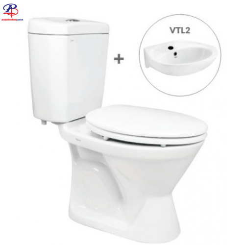 Bồn Cầu Viglacera VI66 2 Khối Nắp Êm Kèm Lavabo VTL2 (Thiết bị vệ sinh chính hãng tại Bình Dương)